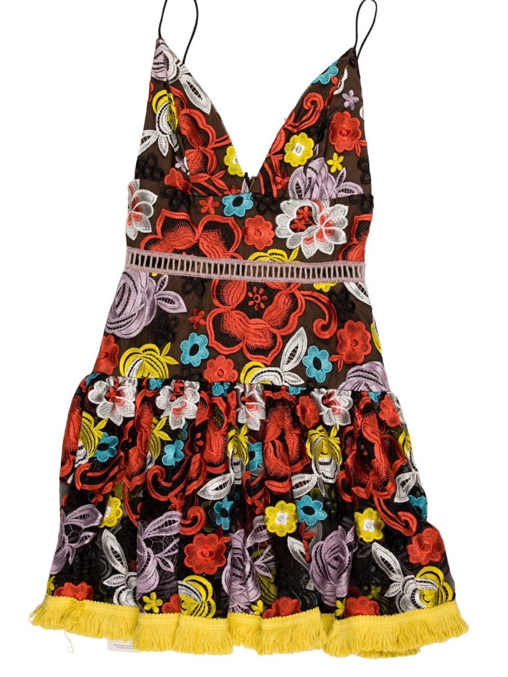 Alexis Brown Floral Embroidered Mini Dress with Yellow Fringe